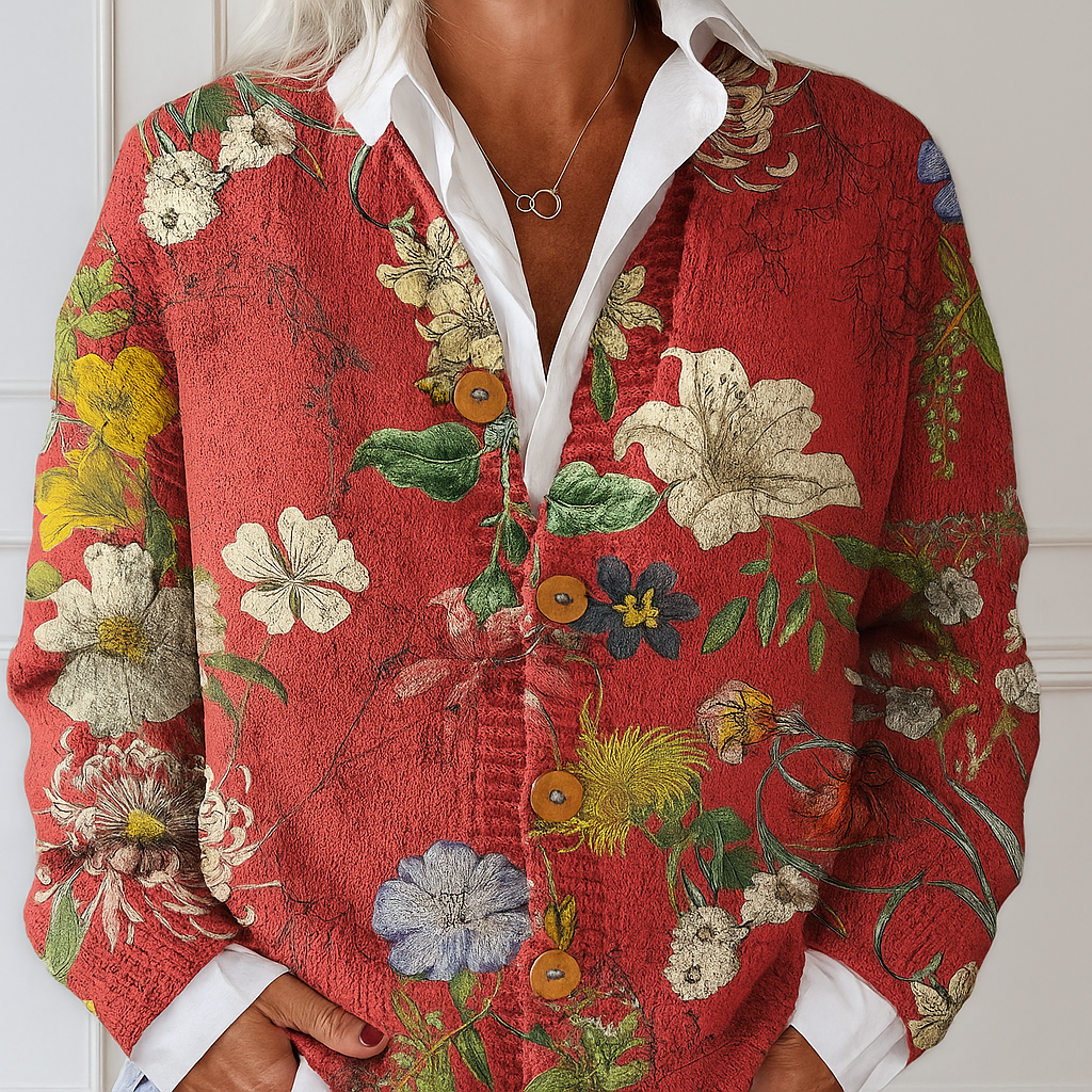 Women's Vintage Floral Art Print Buttoned Cardigan Sweater