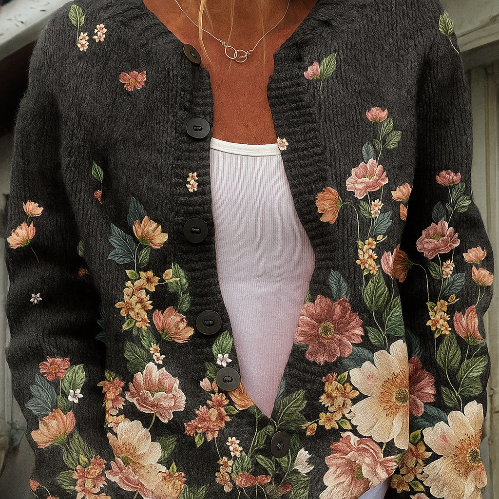 Women's Vintage Floral Art Print Buttoned Cardigan Sweater