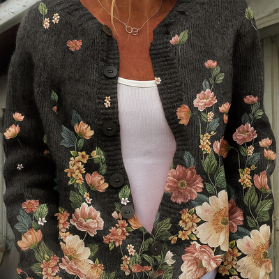 Women's Vintage Floral Art Print Buttoned Cardigan Sweater